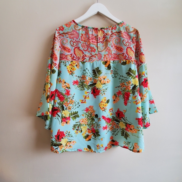 Figueroa & Flower floral print Boho Teal Top Blouse small size - Picture 2 of 6